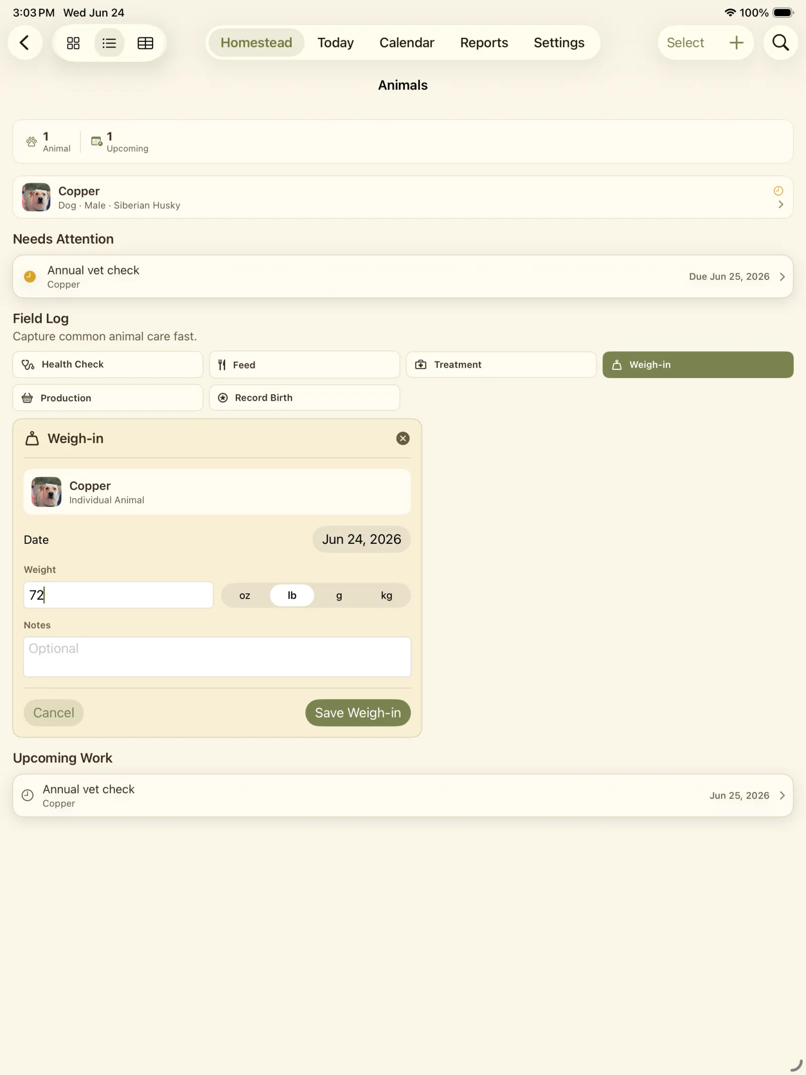 Animals hub showing Copper added to the list with quick details and actions.